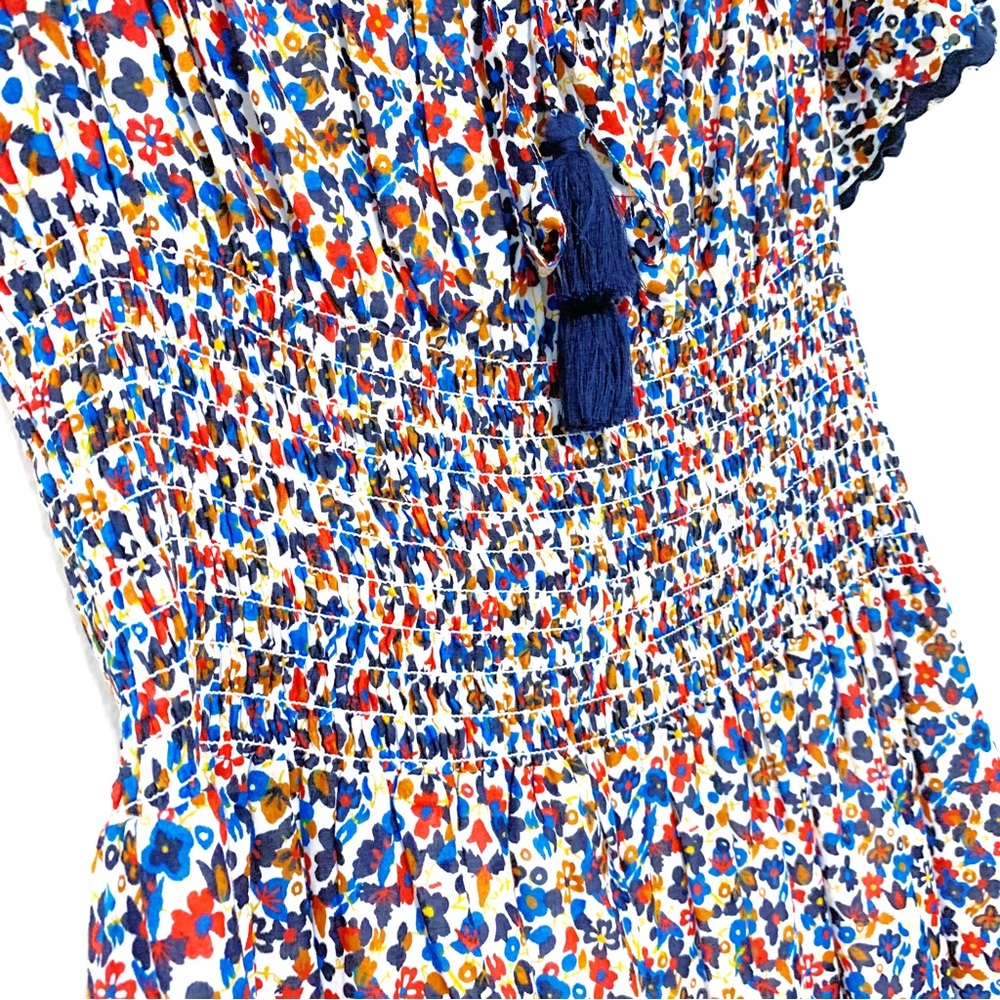 Tory Burch Wildflower Floral Tiered Off shoulder Smoked Navy piping Midi Dress S - Picture 9 of 17